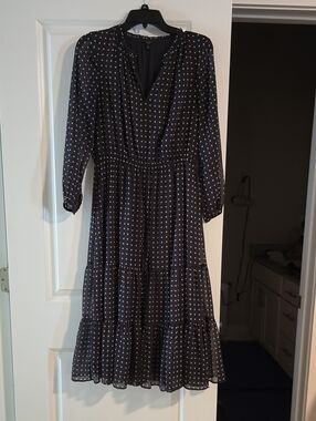Ann Taylor Black Midi Dress with White Polka Dots